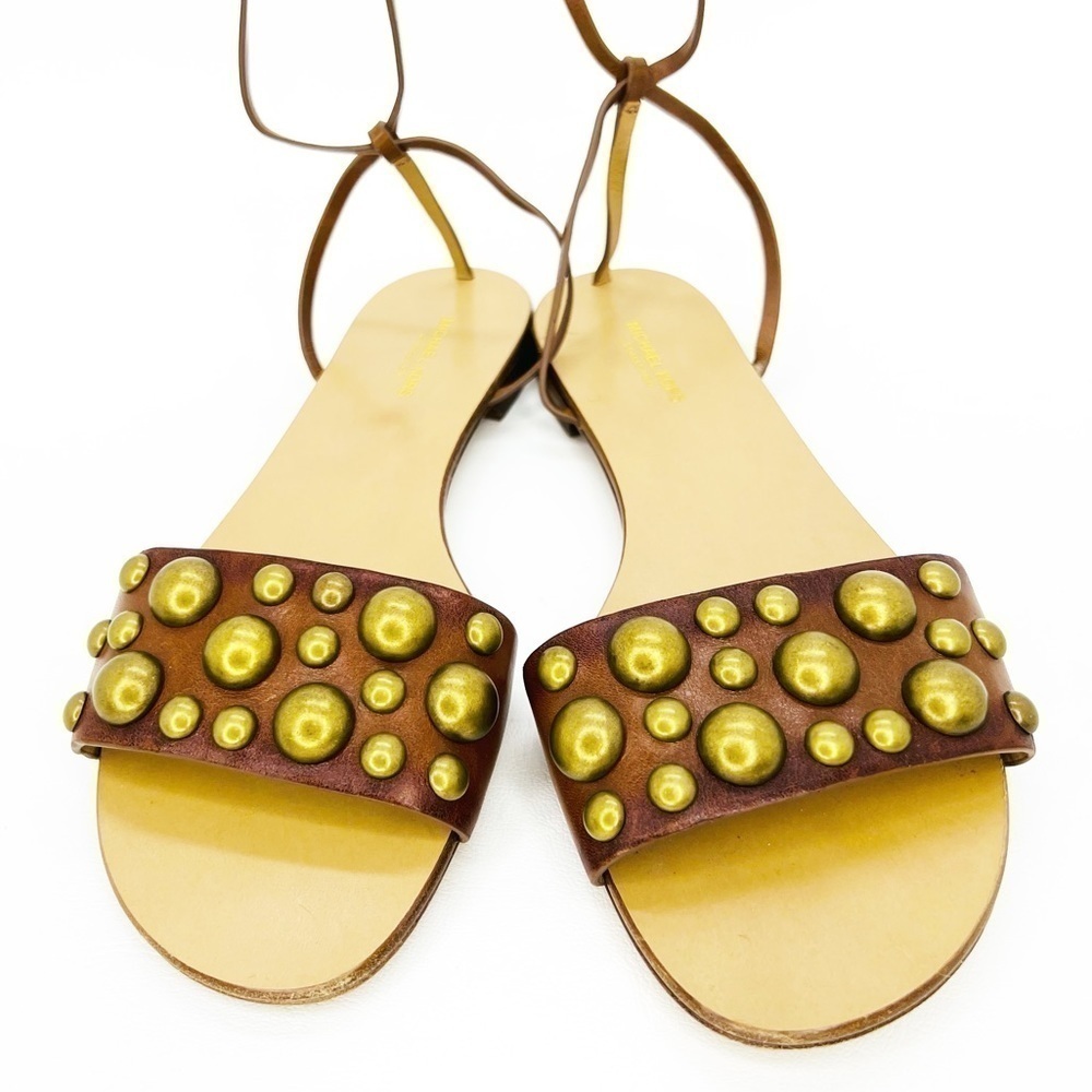 New Michael Kors Collection Mica Studded  Strappy Sandals Brown Leather Size 6.5 - Picture 4 of 13